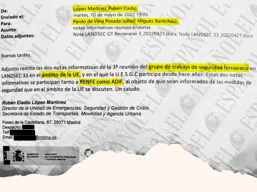 Mail enviado a Isabel Pardo de Vera por parte de Rubén Eladio López, cuando estaba al frente de la Unidad de Emergencias, Seguridad y Gestión de Crisis