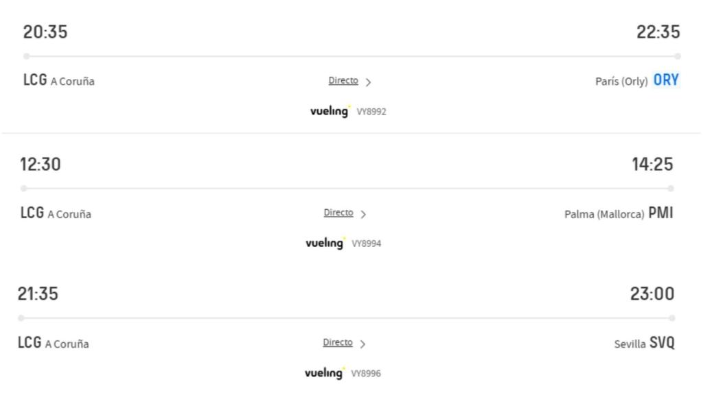 Captura varios vuelos de la página de Vueling para finales de abril