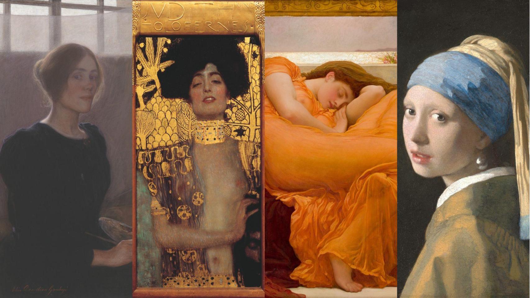 Collage con el autorretrato de Elin Danielson-Gambogi; 'Judith I', de Klimt'; 'Sol ardiente de junio', de Lord Frederic Leighton; y 'La joven de la perla', de Johannes Vermeer.