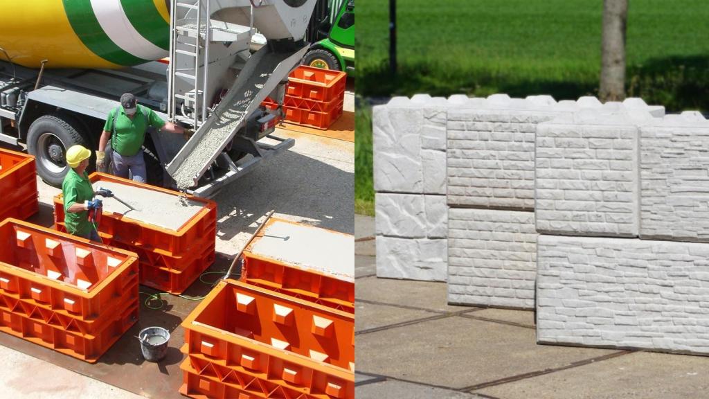 Unos obreros creando ladrillos Betonblock (izqda) y varios de estos bloques (dcha).