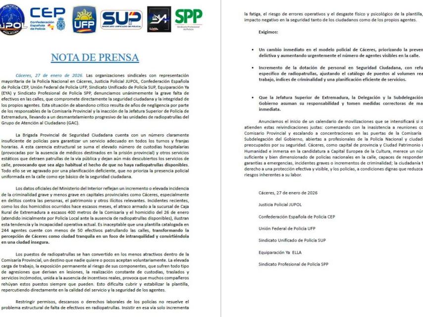 Comunicado de queja suscrito por todos los sindicatos policiales.