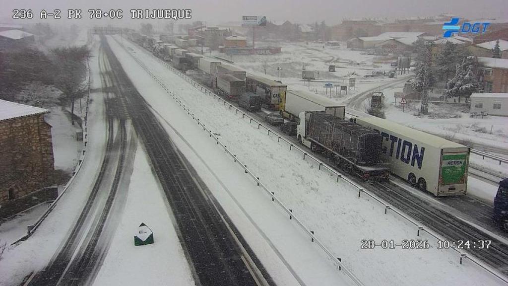 Camiones parados en la calzada en Trijueque (Guadalajara).