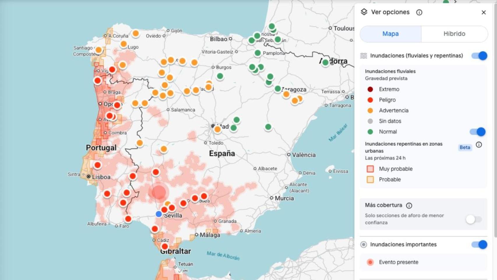Mapa de Google con inundaciones