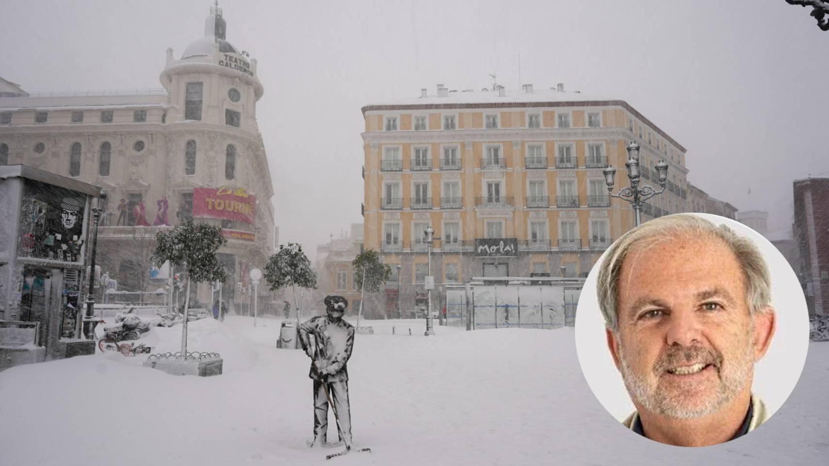 La Plaza de Jacinto Benavente cubierta de nieve como resultado de la borrasca Filomena, en Madrid (España) a 9 de enero de 2021