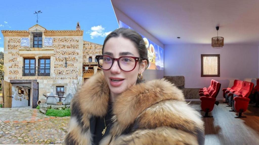 La influencer Lola Lolita y de fondo varias imágenes del alojamiento de Guadalajara donde se ha hospedado.