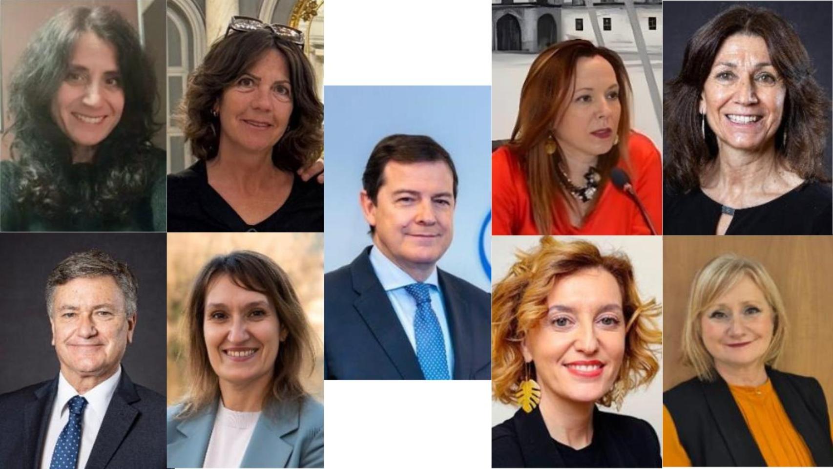Arriba: Cristina Sanchidrián, Marta Arroyo, María José Álvarez, Mercedes Cófreces.Abajo: Francisco Vázquez, Rocío Lucas, María Pardo y Leticia García, con Mañueco en el centro