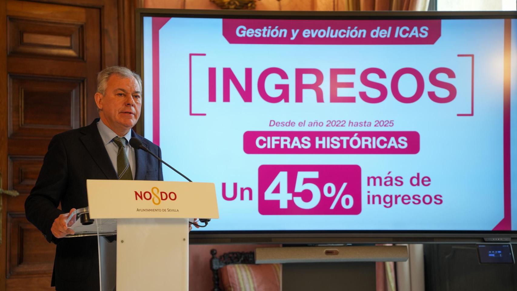 Imagen del alcalde de Sevilla, José Luis Sanz, durante la rueda de prensa sobre la evolución del ICAS.