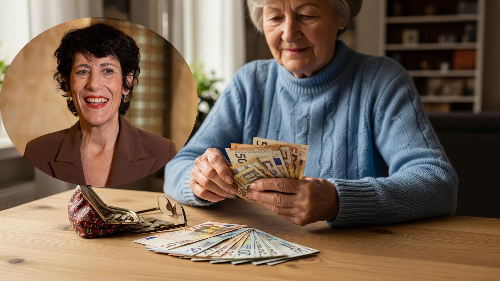 Montaje de la ministra Elma Saiz con una pensionista.