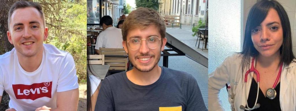 De izquierda a derecha, Francisco Reyes, David Carrillo, y Pilar Carpy, segunda, tercera y quinta mejor nota, respectivamente, MIR 2025. Cedidas