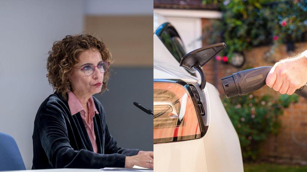 Montaje con una imagen de María Jesús Montero y un vehículo eléctrico.