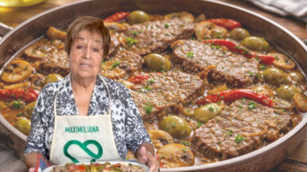 Conchita Polo y de fondo la representación de su guiso de ternera hecha con IA