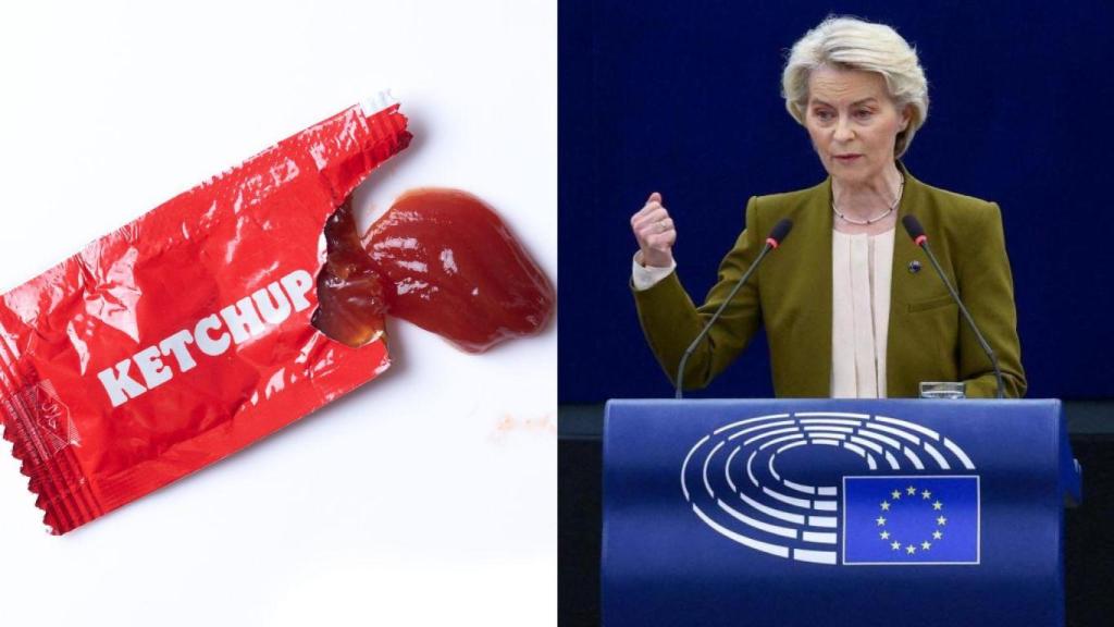 Montaje con un sobre de kétchup (Imagen de archivo) y Úrsula Von der Leyen, presidenta de la Comisión Europea (Reuters).