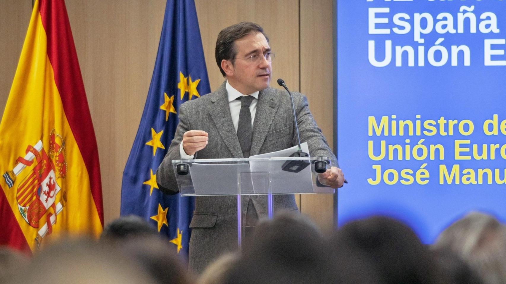 José Manuel Albares, durante un acto en Bruselas este martes, para celebrar los 40 años de España en la UE.