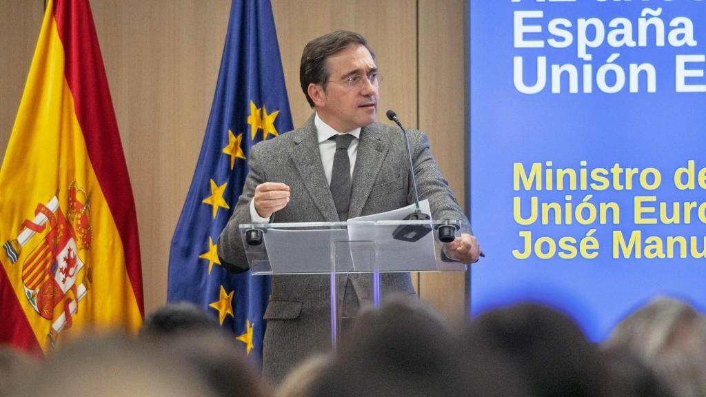 José Manuel Albares, durante un acto en Bruselas este martes, para celebrar los 40 años de España en la UE.