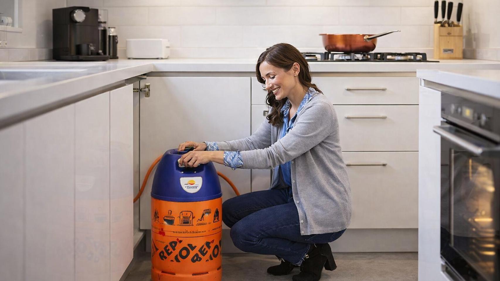 Una mujer, colocando una bombona.