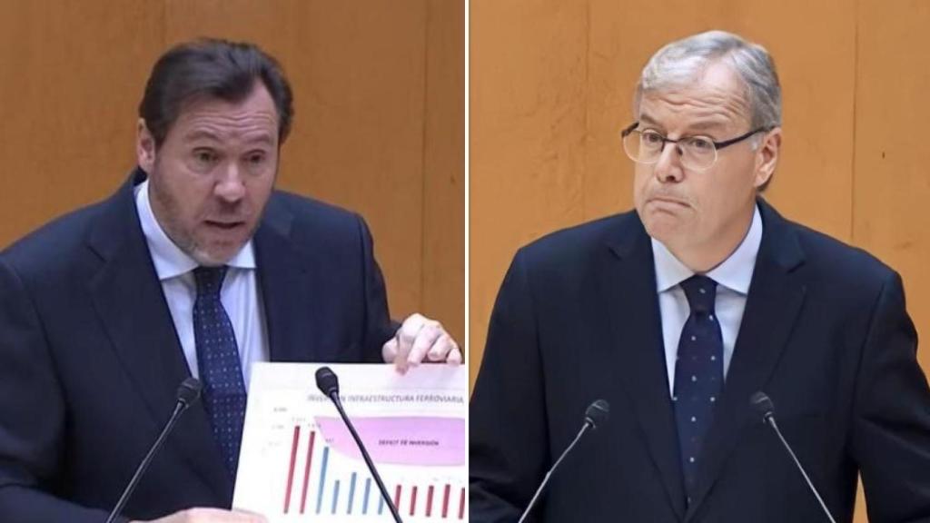 El ministro de Transportes y Movilidad Sostenible, Óscar Puente, y el portavoz adjunto del Grupo Popular en el Senado, Antonio Silván, en el Senado, en un montaje de EL ESPAÑOL