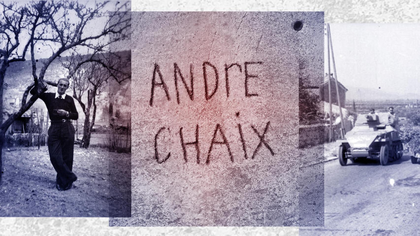 De izquierda a derecha, retrato de André Chaix, en el centro, su nombre en el muro y una autoametralladora alemana como la que acabó con su vida.