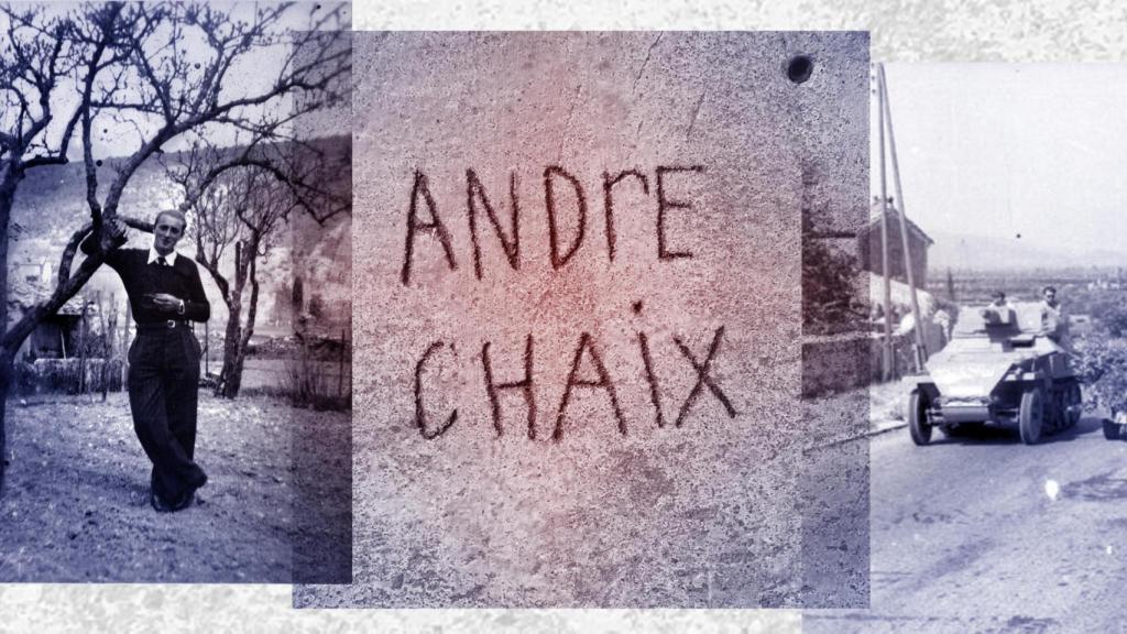 De izquierda a derecha, retrato de André Chaix, en el centro, su nombre en el muro y una autoametralladora alemana como la que acabó con su vida.