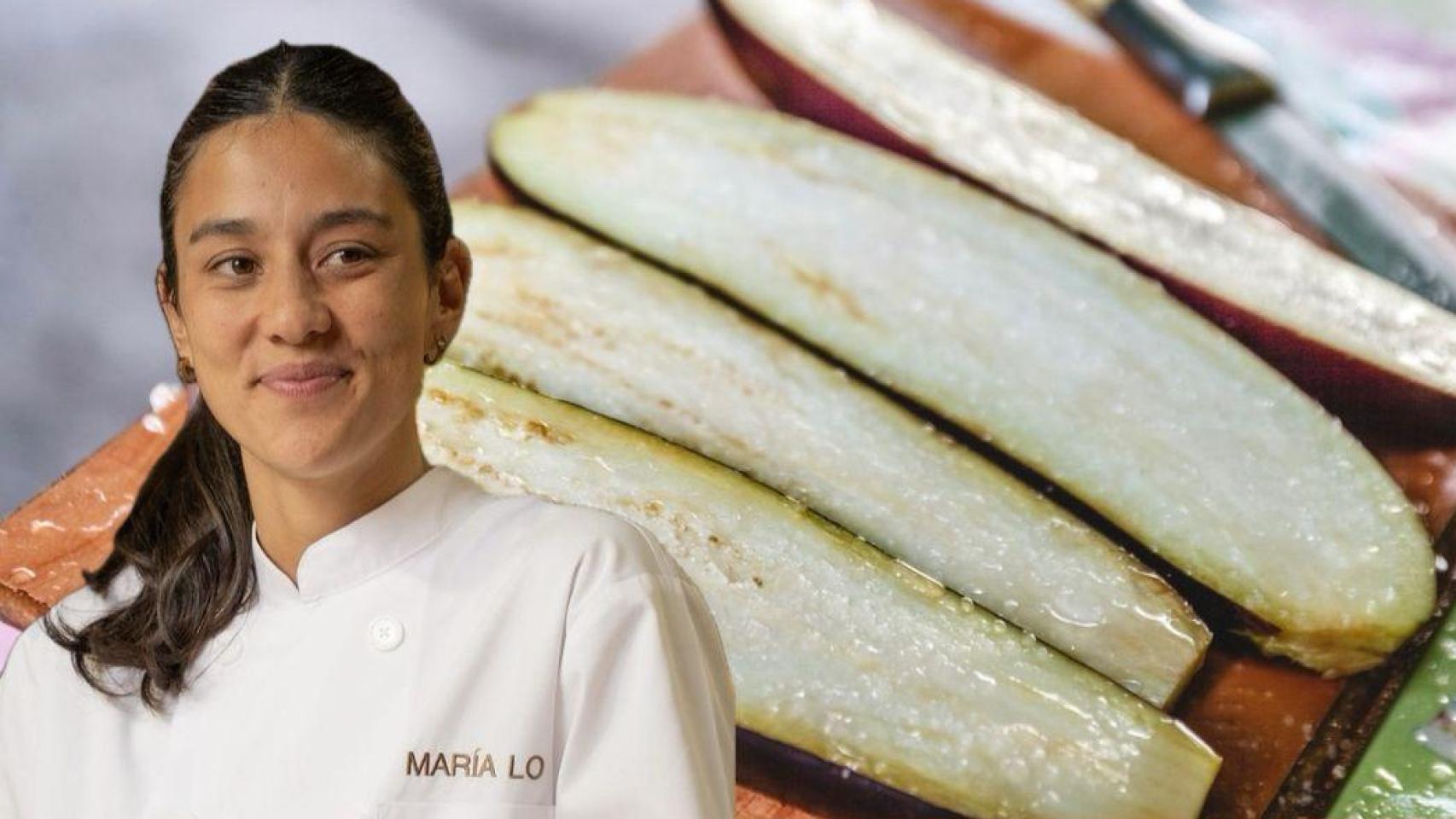 María Lo junto a unas berenjenas.