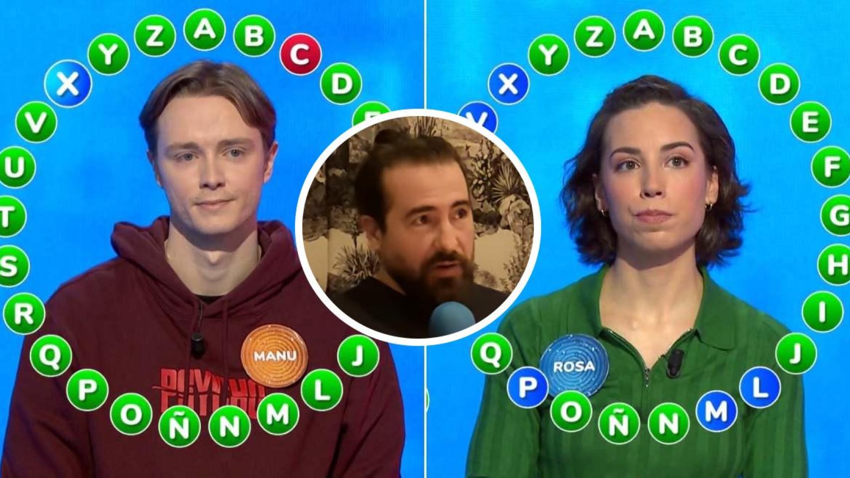 Miguel Aparicio, director de 'Pasapalabra', junto a Manu Pascual y Rosa Rodríguez en un montaje de BLUPER.