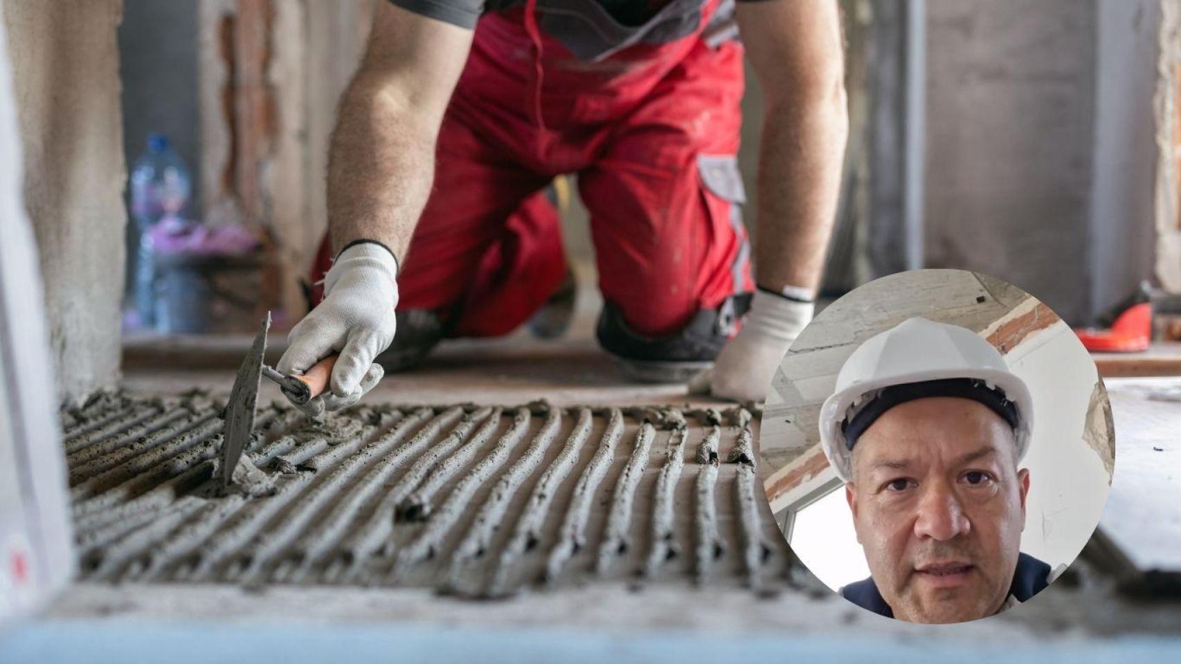 Montaje de un albañil preparando la base con cemento.