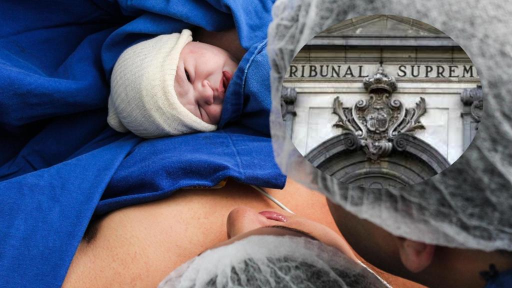 Montaje de una mujer que acaba de dar a luz (Pixabay) y la fachada del Tribunal Supremo.