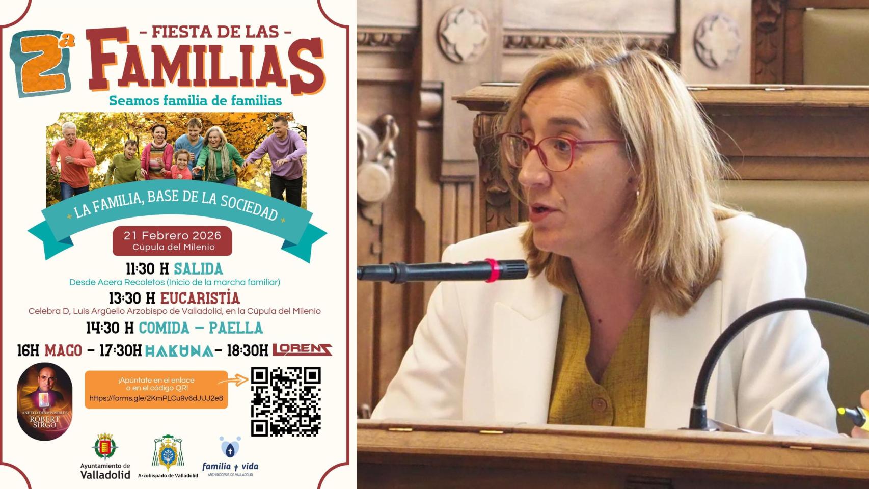 El cartel de la Fiesta de las Familias y la portavoz de Valladolid Toma la Palabra en el Ayuntamiento vallisoletano, Rocío Anguita, en un montaje de EL ESPAÑOL