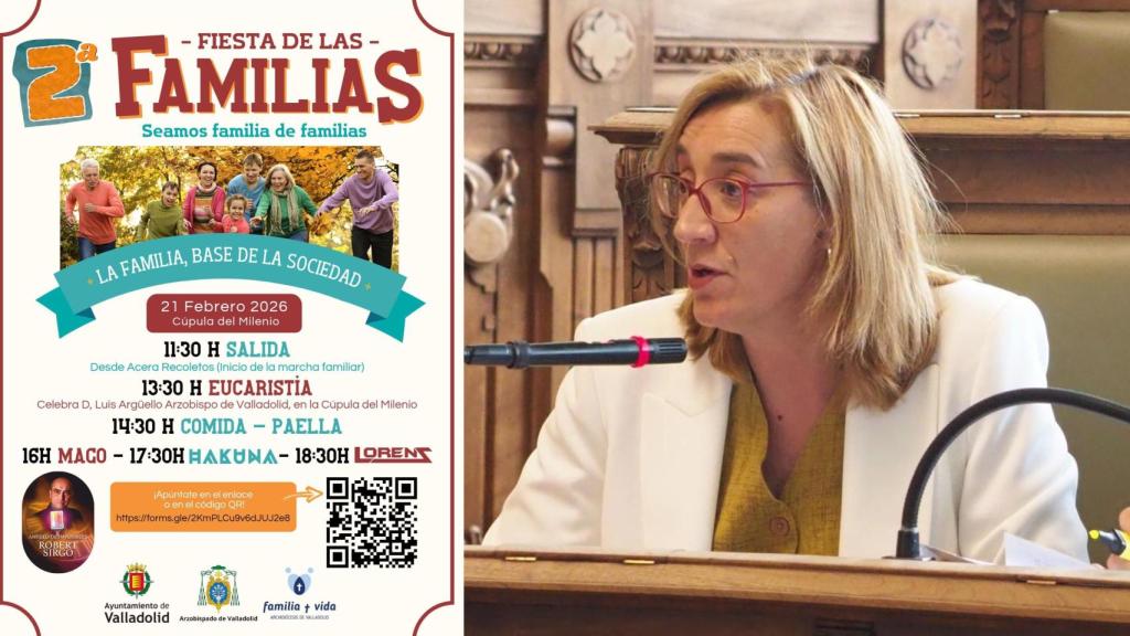 El cartel de la Fiesta de las Familias y la portavoz de Valladolid Toma la Palabra en el Ayuntamiento vallisoletano, Rocío Anguita, en un montaje de EL ESPAÑOL