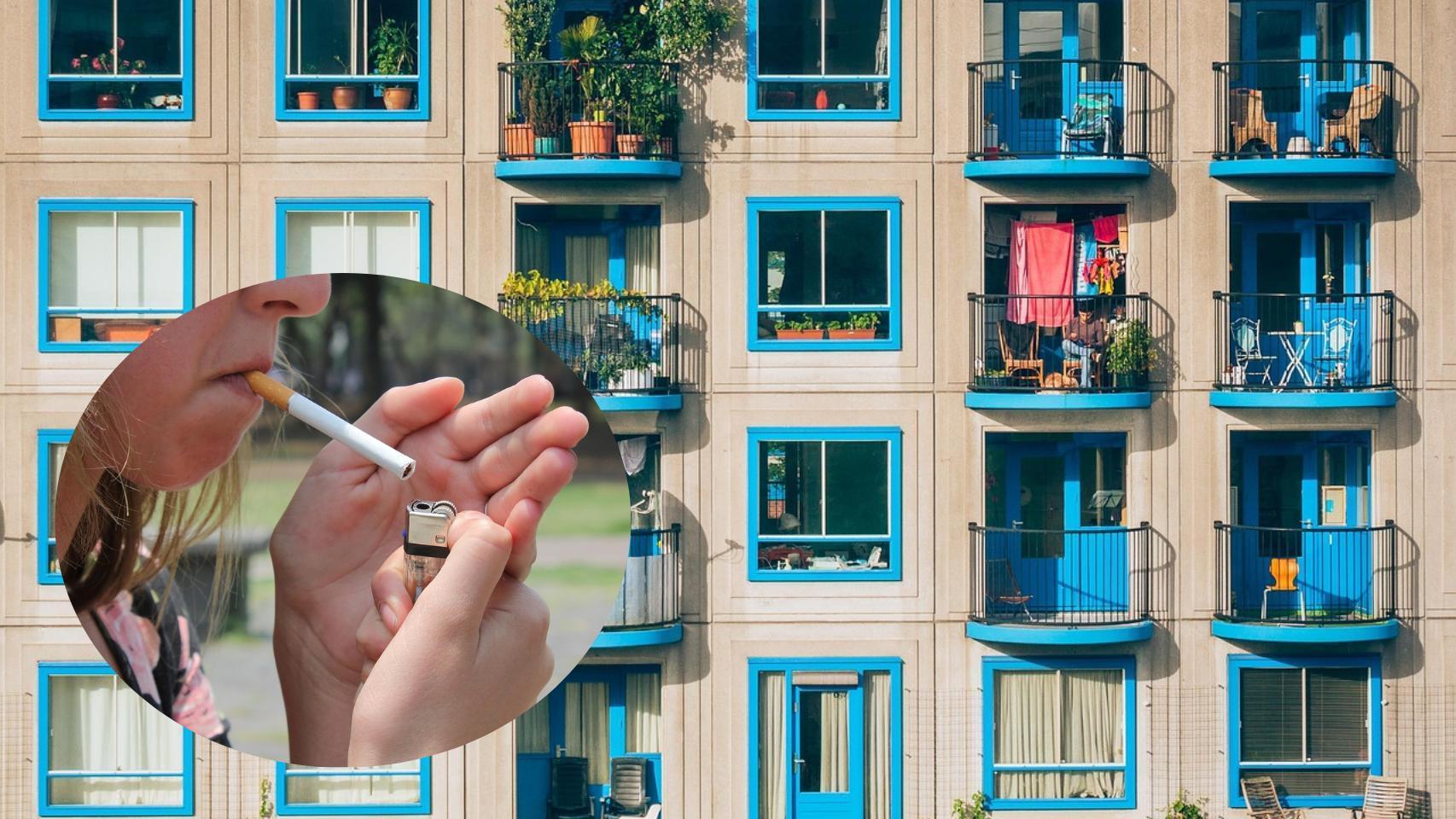 Montaje de un edificio con terrazas y un fumador (Pixabay).