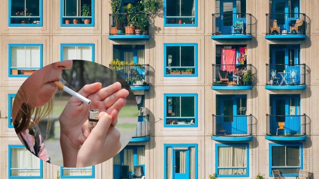 Montaje de un edificio con terrazas y un fumador (Pixabay).