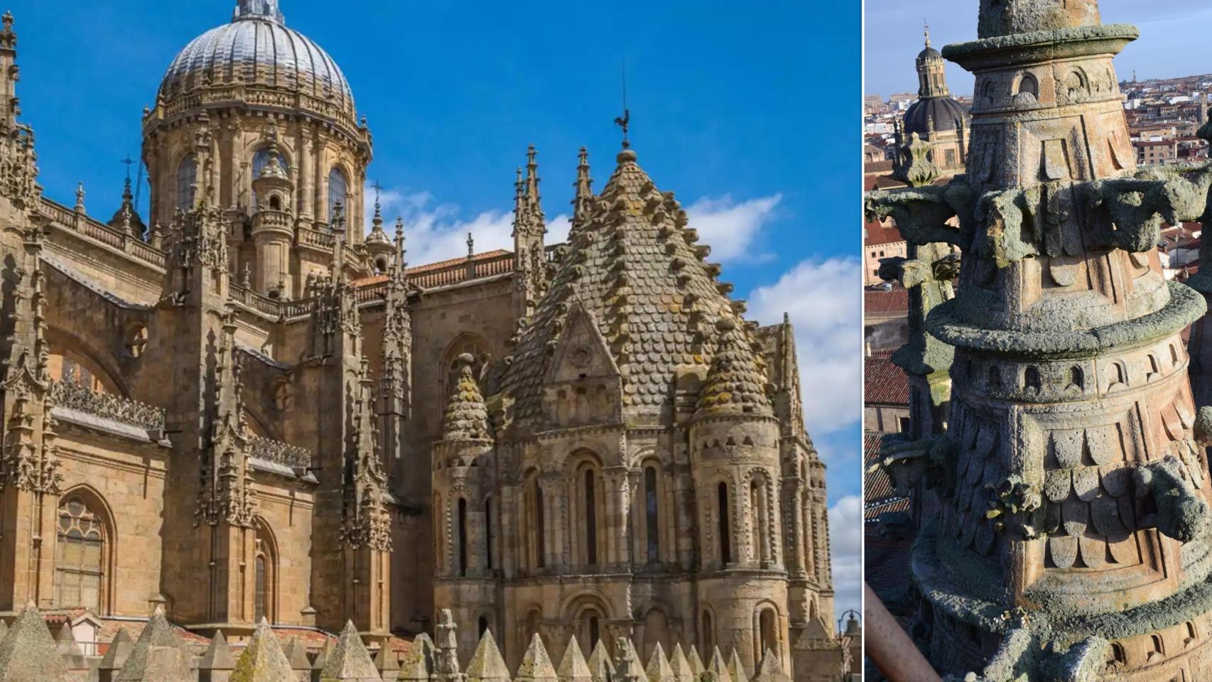 Imagen de la Catedral de Salamanca y del cono de remate de donde se han desprendido dos trozos de piedra.