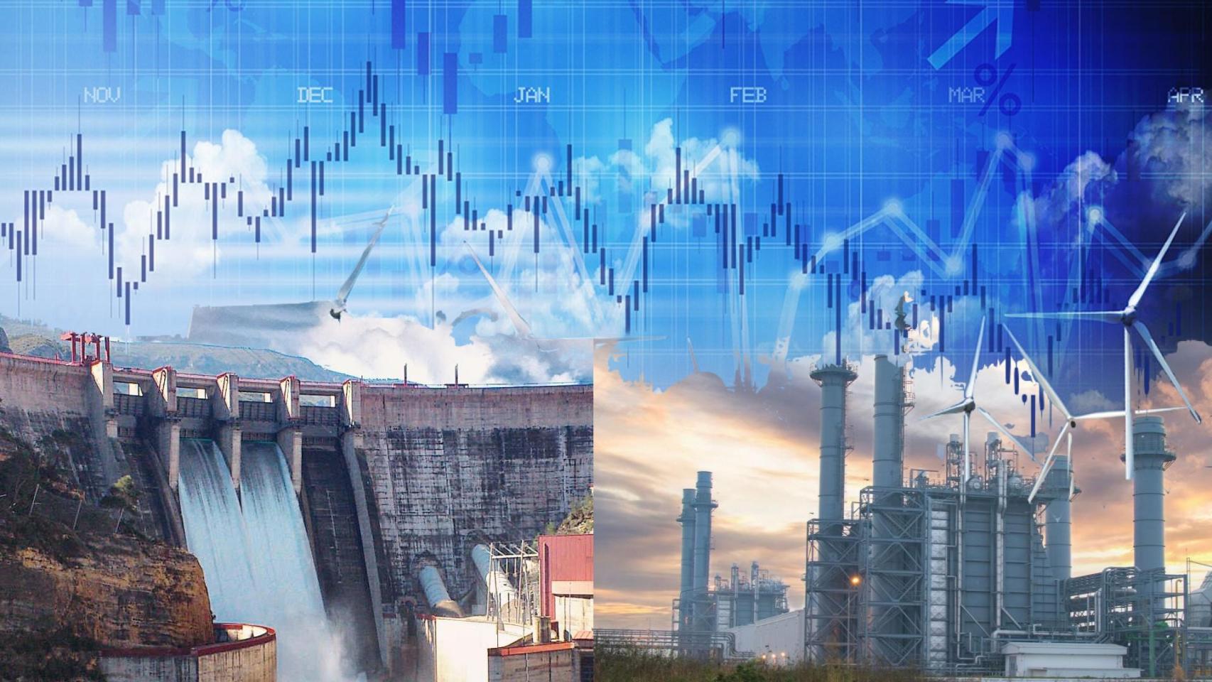 Fotomontaje de una central hidroeléctrica y una planta de ciclo combinado con el fondo de un mercado eléctrico.