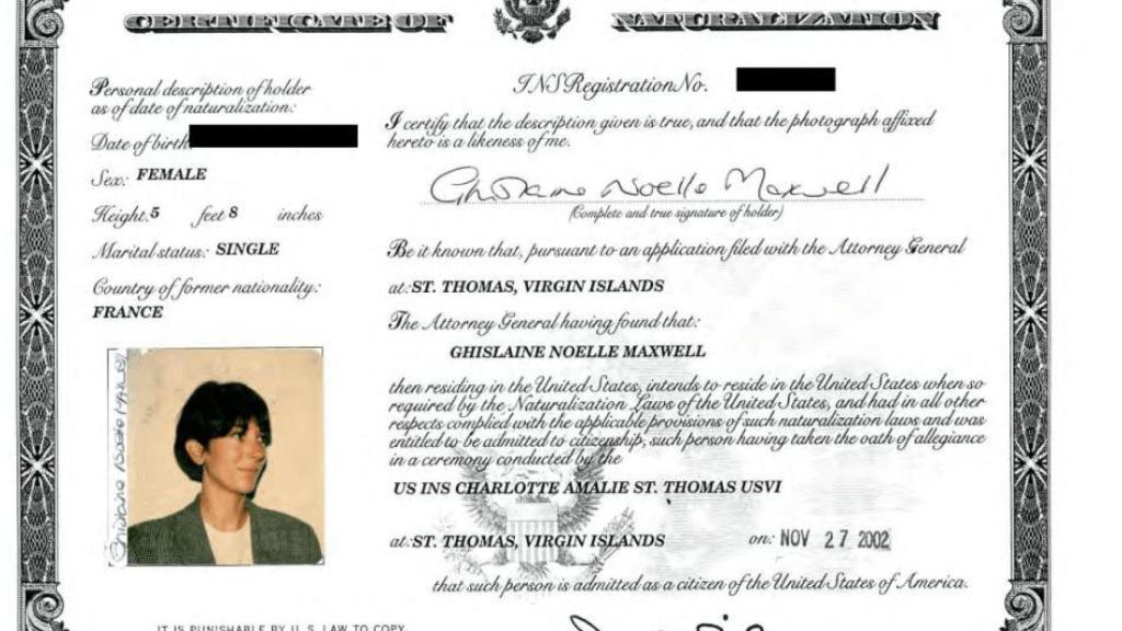 Certificado de residencia de Maxwell en la isla de Epstein