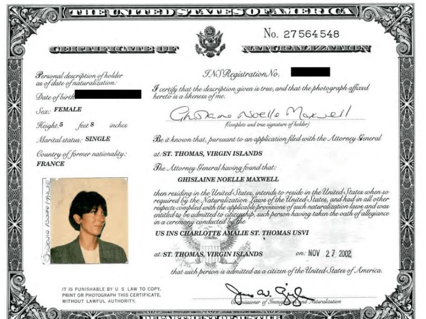 Certificado de residencia de Maxwell en la isla de Epstein