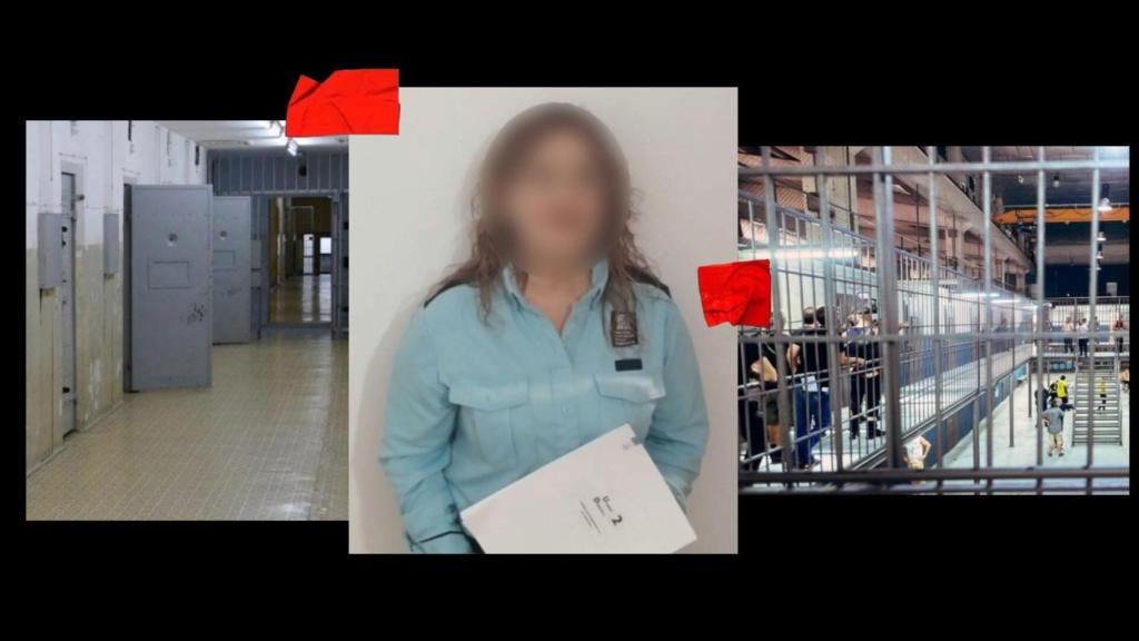Montserrat, funcionaria penitenciaria, y a su lado, dos imágenes de diferentes prisiones.
