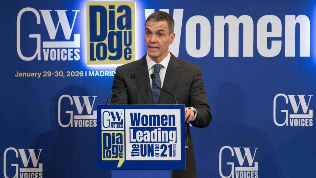 El presidente del Gobierno, Pedro Sánchez, este viernes en el acto Mujeres liderando la ONU del siglo XXI, en la Real Academia de Bellas Artes de San Fernand.