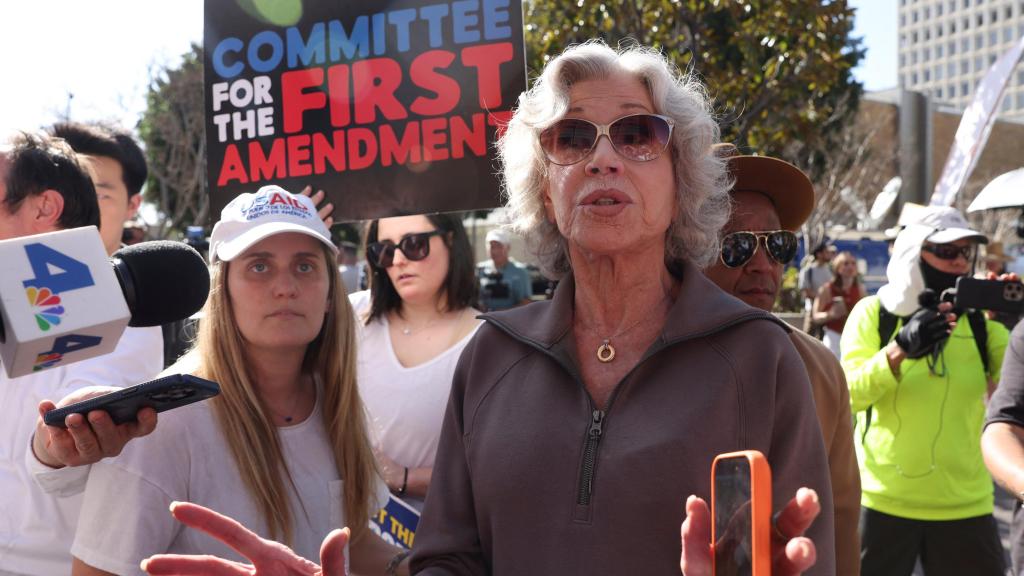 Jane Fonda speaks outside the federal courthouse after Don Lemon was arrested.
