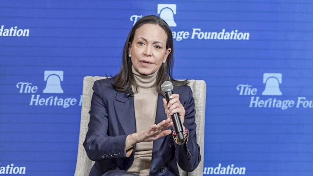 María Corina Machado, ofrece un discurso a la prensa sobre su reunión con el presidente Donald Trump en la Casa Blanca el 15 de enero.