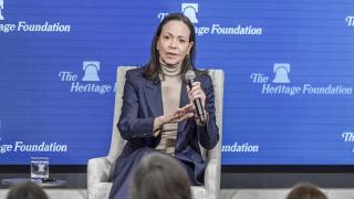 María Corina Machado, ofrece un discurso a la prensa sobre su reunión con el presidente Donald Trump en la Casa Blanca el 15 de enero.