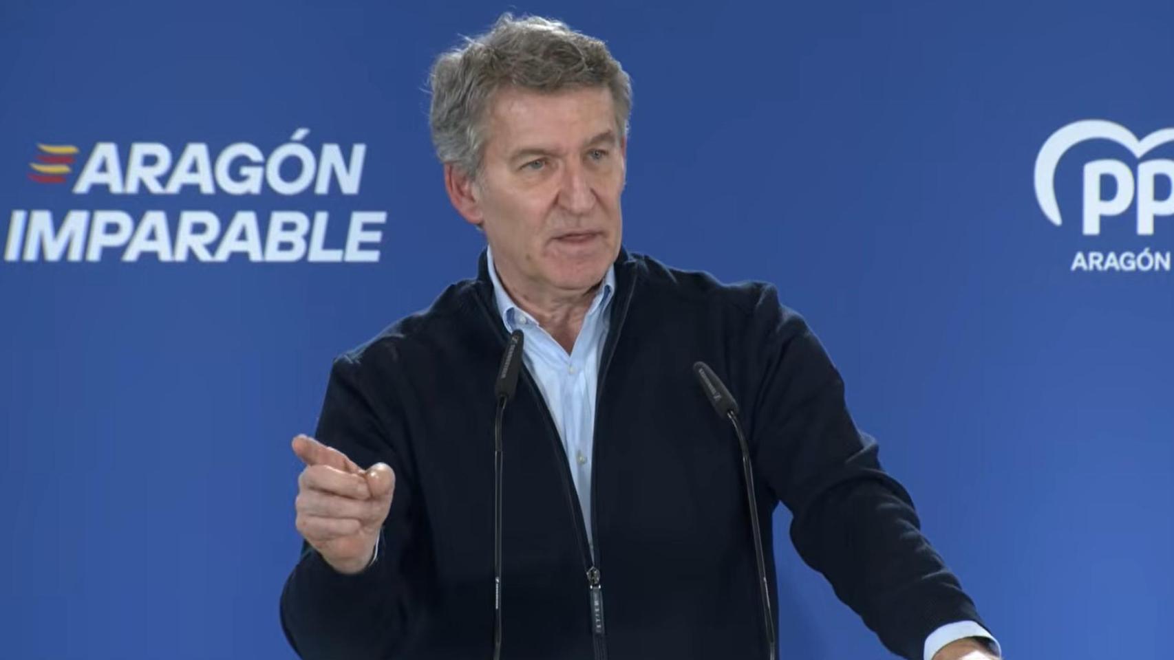 Feijóo, durante su mitin este domingo en la campaña electoral de Aragón.