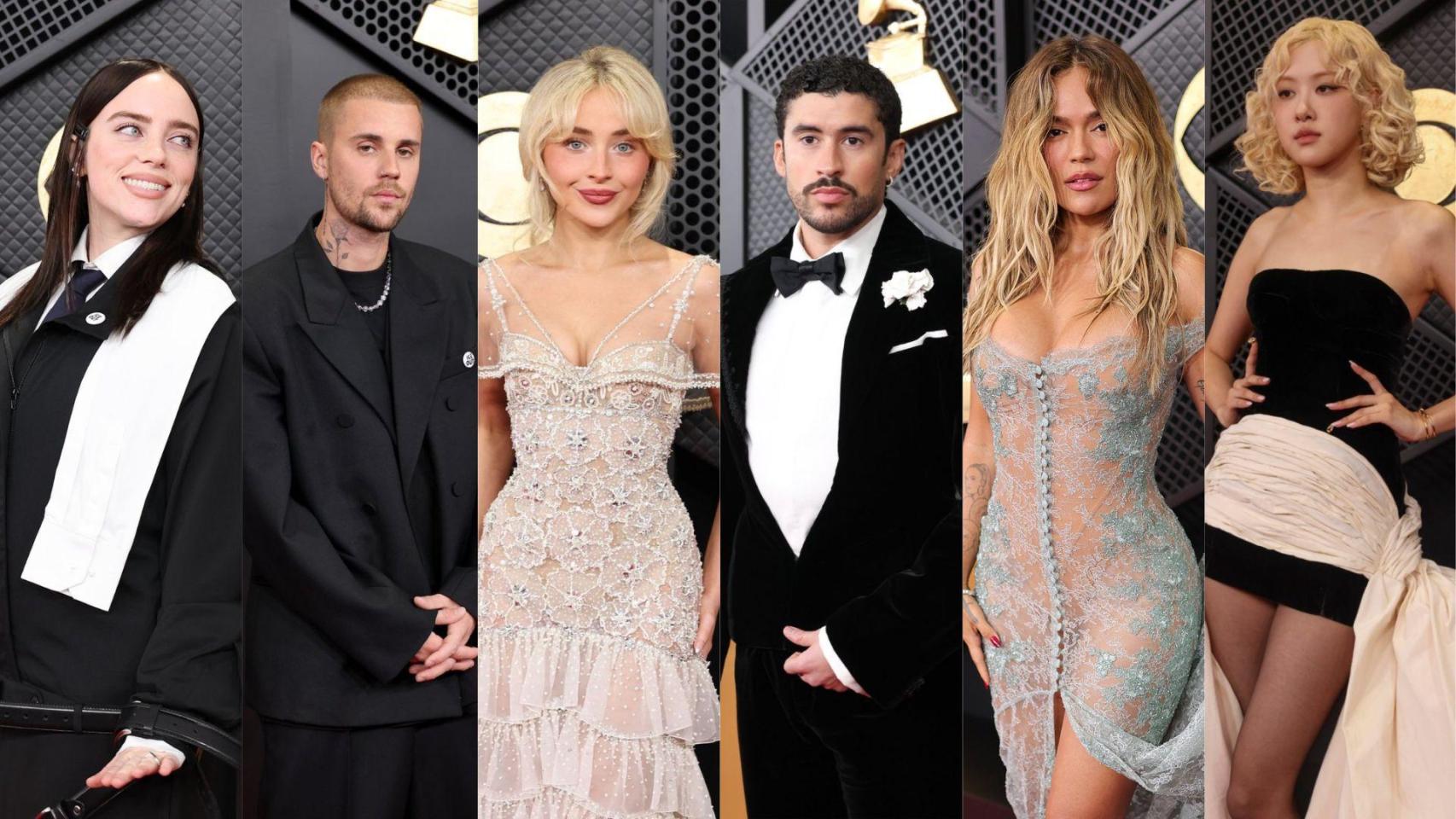 Los diferentes artistas que han pasado por la alfombra roja de los Grammys 2026, de izq. a der.: Billie Eilish, Justin Bieber, Sabrina Carpenter, Bad Bunny, Karol G y Rosé.