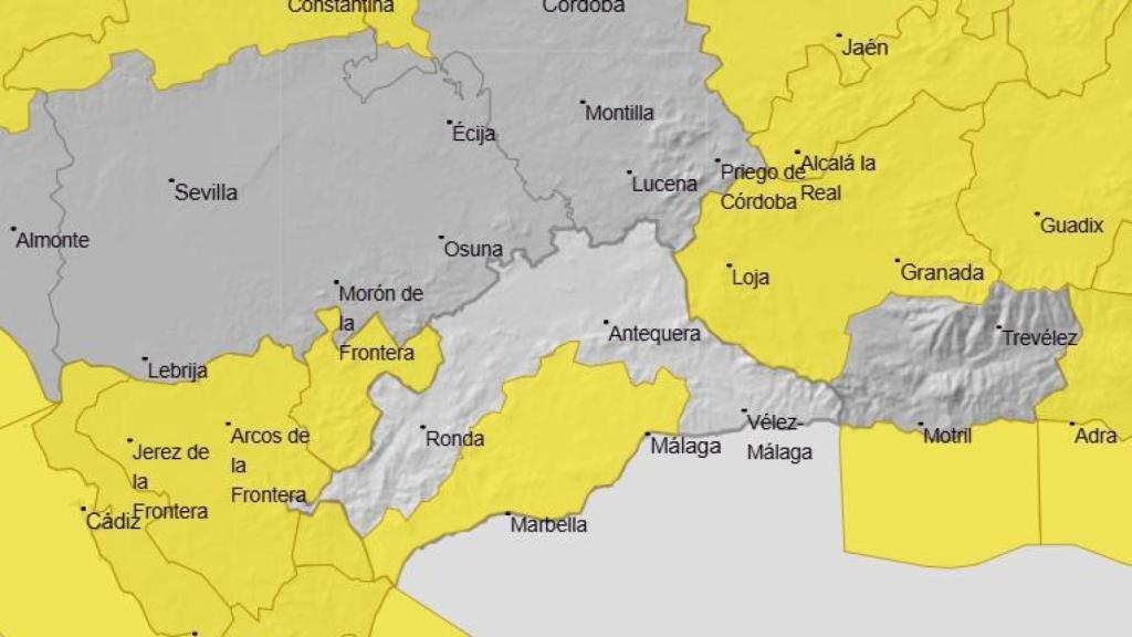 Mapa con los avisos meteorológicos para este lunes en Andalucía.
