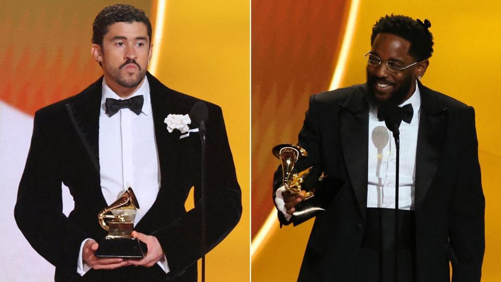Bad Bunny y Kendrick Lamar recogen sus galardones en la 68.ª edición de los Premios Grammy, este domingo por la noche en Los Ángeles.  Fotos: Reuters