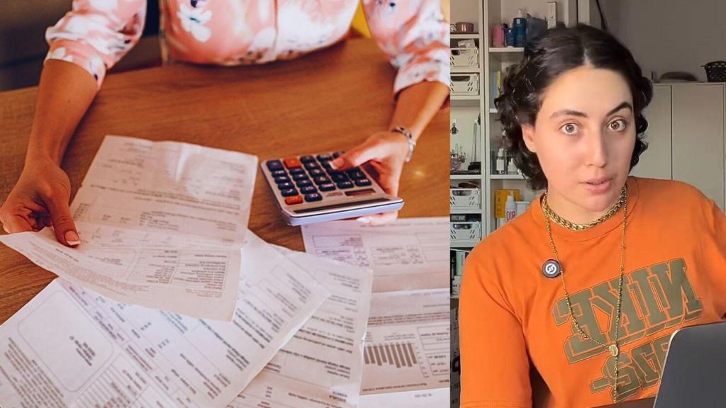 Mujer revisando sus facturas y la creadora de contenido Lucía (@luciiagamma en TikTok).