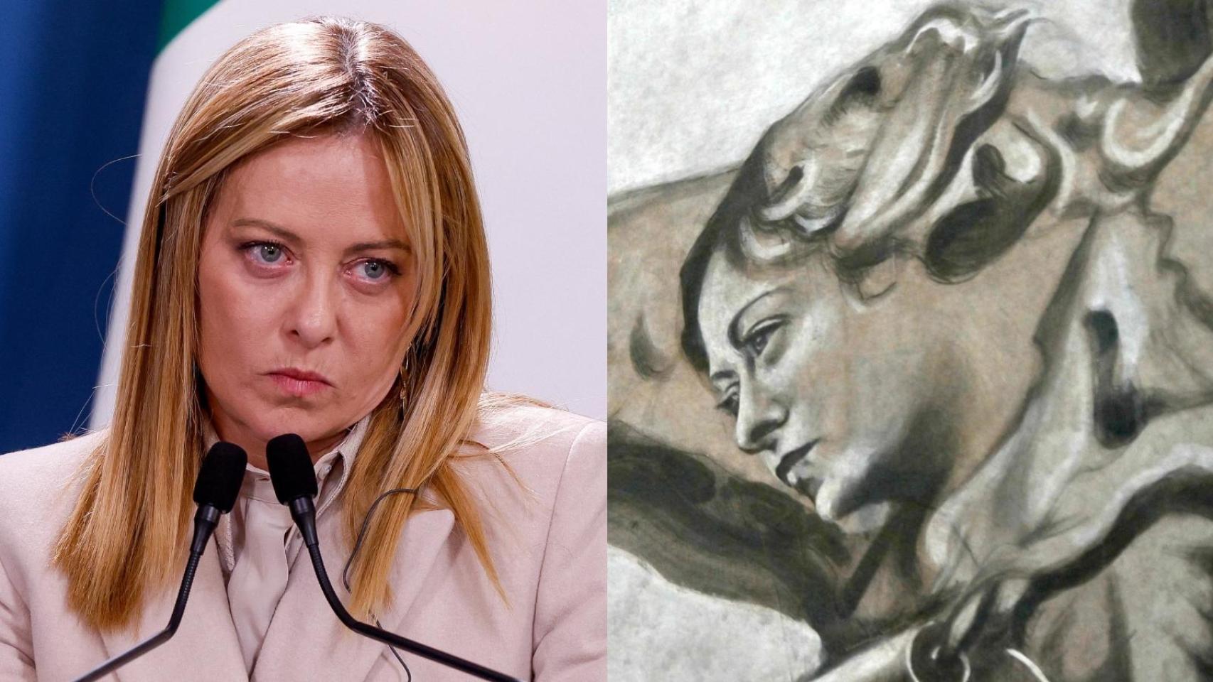 La primera ministra italiana Giorgia Meloni y el ángel supuestamente con su rostro en la Basílica de San Lorenzo in Lucina de Roma.