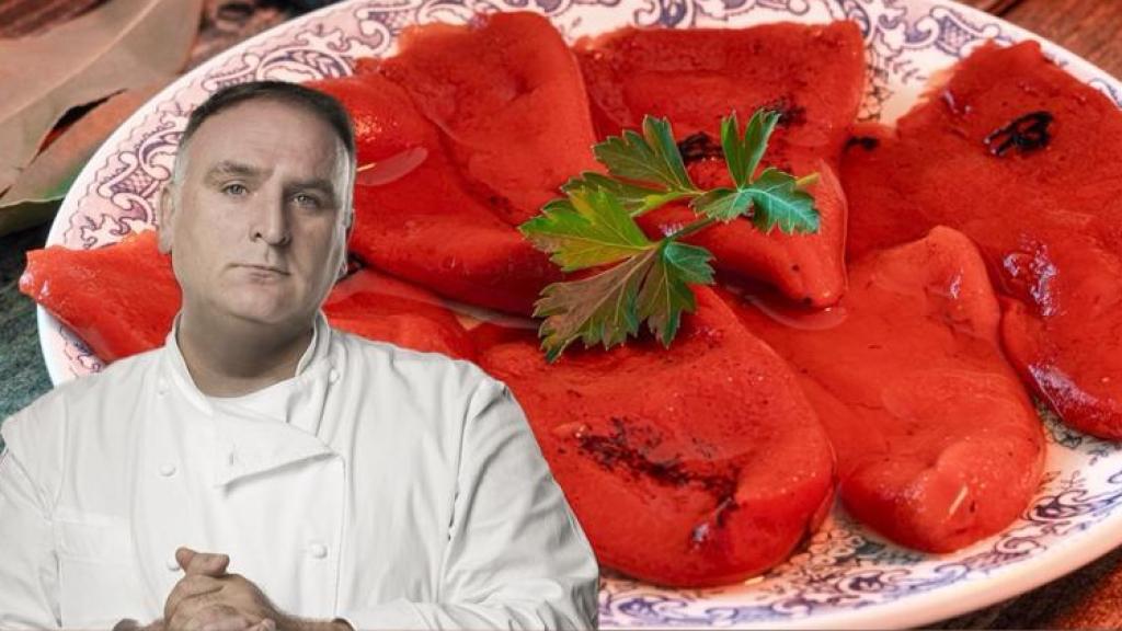 José Andrés junto a un plato de pimientos.