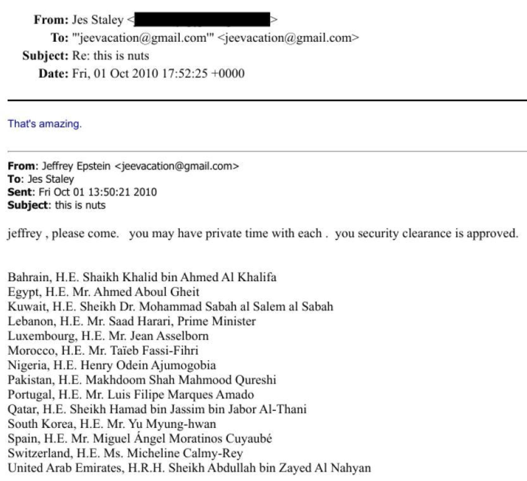 El documento desclasificado en el que Jes Staley ofrece a Epstein encontrarse con diplomáticos como el exministro de Exteriores, Miguel Ángel Moratinos.