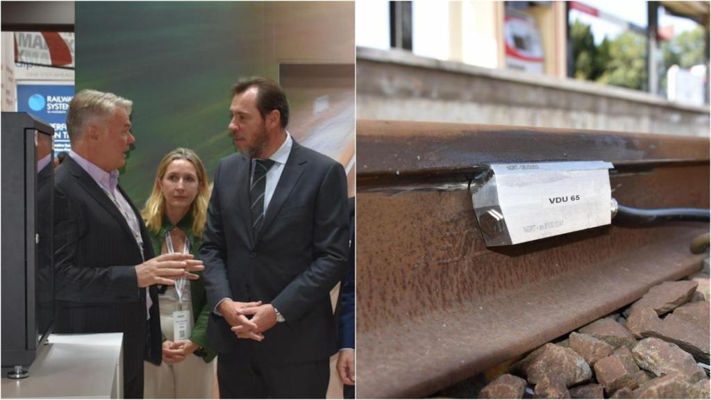 Richard Aaroe, hablando con el ministro, Oscar Puente, en noviembre de 2023. A la derecha, su sistema de medición acústica en las vías.