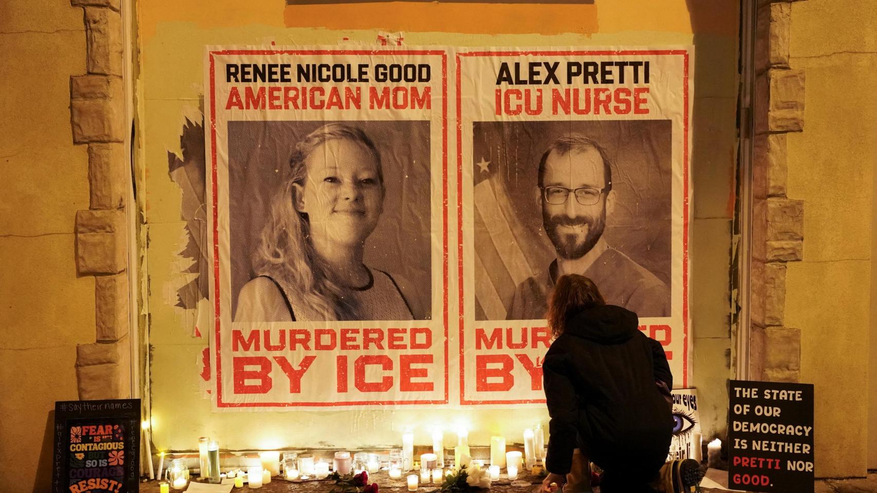 Carteles en las calles de Mineápolis con los retraos de Alex Pretti y Renee Good, los dos ciudadanos fallecidos por disparos de agentes migratorios en esa ciudad.
