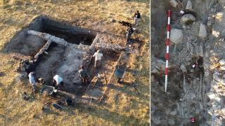 El equipo de arqueólogos de Terra Levis trabajando en el yacimiento de Pared de los Moros y una de las tumbas descubiertas, en un montaje de EL ESPAÑOL